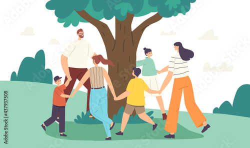 Happy Family Characters Dance around Tree. Mother, Father and Children Holding Hands. People Love Tree, Togetherness