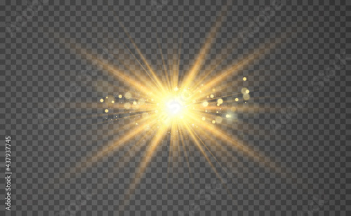 Special lens flash, light effect. The flash flashes rays and searchlight. illust.White glowing light. Beautiful star Light from the rays. The sun is backlit. Bright beautiful star. Sunlight. Glare.	