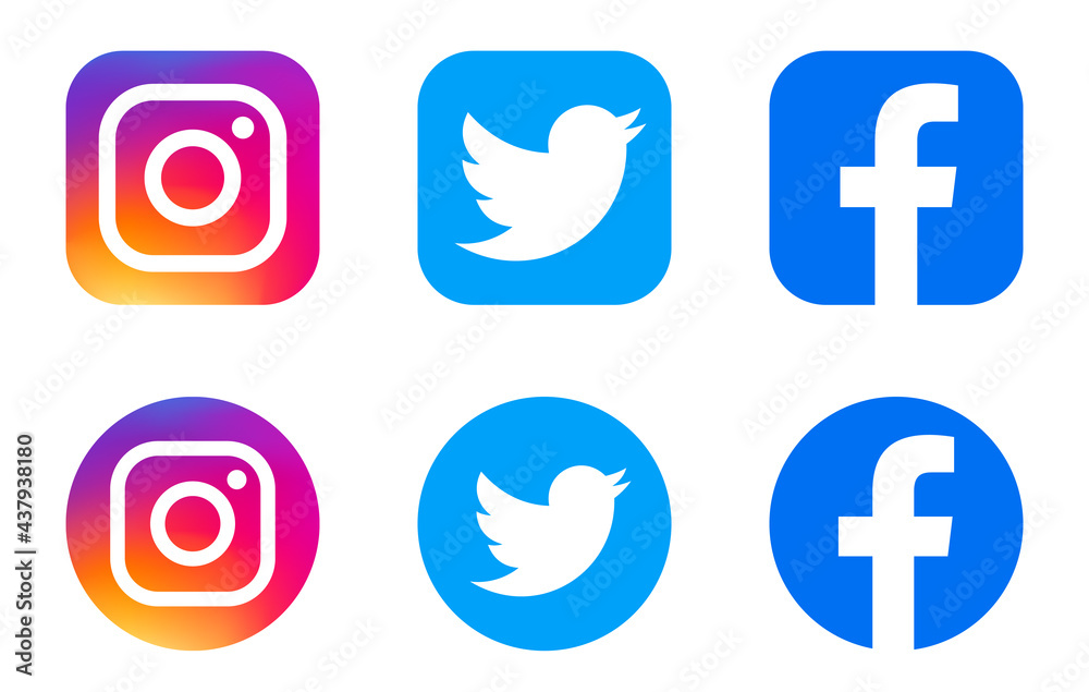 Instagram logo. Facebook logo. Twitter logotype. Social media logotype