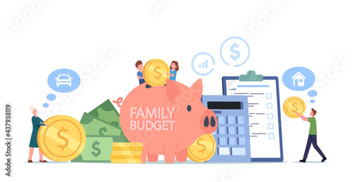 Family Collect Money for Budget Savings, Income Concept. Happy Mother, Father and Little Children Characters with Coins