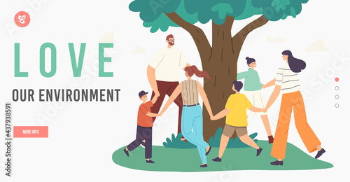 Outdoor Environmental Activity Landing Page Template. Happy Family Dance around Tree. Mother, Father and Children