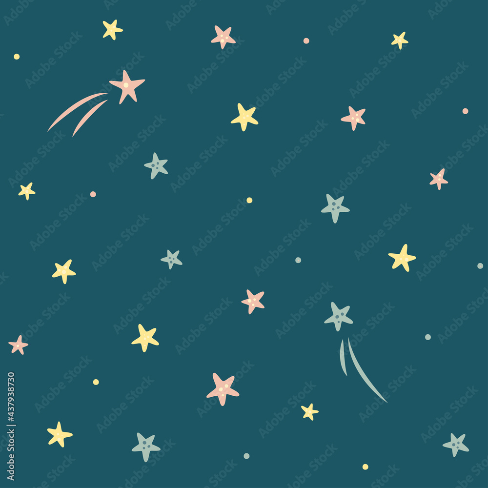 Simple seamless pattern with stars and comets on dark blue background. Cosmos theme. For baby room, nursery, baby shower, greeting card, textile pattern