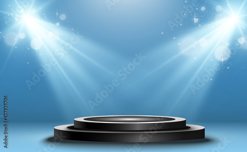 Winner background with signs of first, second and third place on a round pedestal. Vector winner podium sports symbols.	