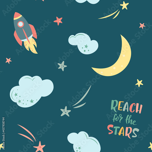 Sky seamless pattern with stars  clouds  rocket  moon and hand drawn lettering on dark blue background. Cosmos theme. For baby room  nursery  baby shower  greeting card  textile pattern