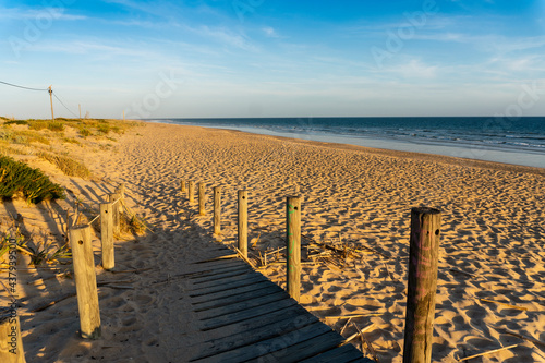Wide sandy Faro beach with dunes and walkways by the sunset, Algarve, Portugal
