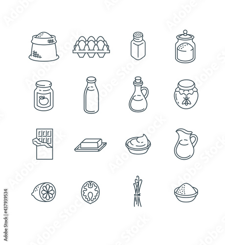 Ingredients for baking at home. Raw products for preparing homemade pastry. Thin line icons. Simple outline pictograms of flour, salt, sugar, milk, butter, oil, eggs, jam, honey, chocolate, vanilla