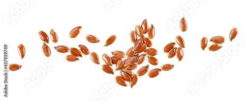 Top view of brown flaxseed isolated on a white background. Dried linseeds. photo