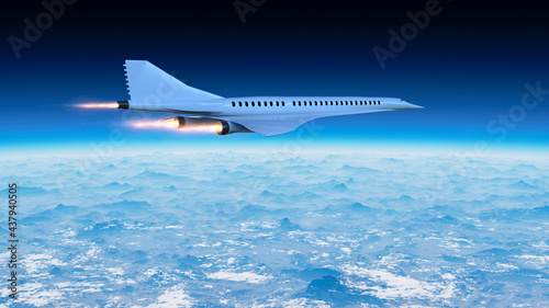 Supersonic flight, the plane to travel faster than ever. Unlike other commercial flights, it has double the speed. 3d render photo