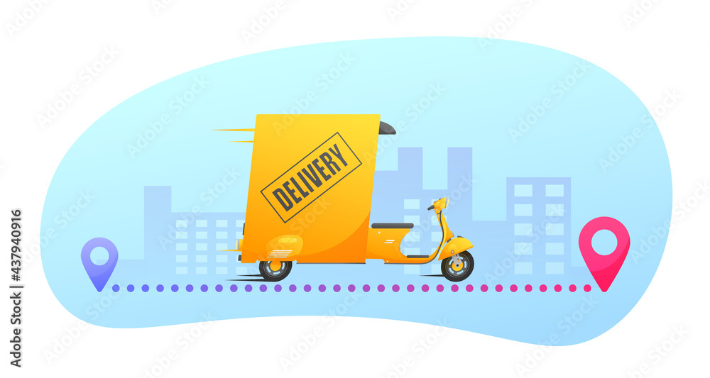 Yellow retro express delivery car, truck, city on white background. Vector illustration for design, flyer, poster, banner, web, advertising.