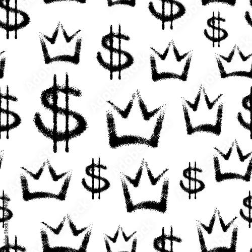 Black ink dollars and crowns isolated on white background. Monochrome seamless pattern. Vector simple flat graphic hand drawn illustration. Texture.