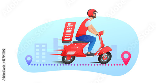 Red fast delivery retro scooter motorbike  moped with courier with pin and buildings isolated on white background. Vector illustration for design  flyer  poster  banner  web  advertising.