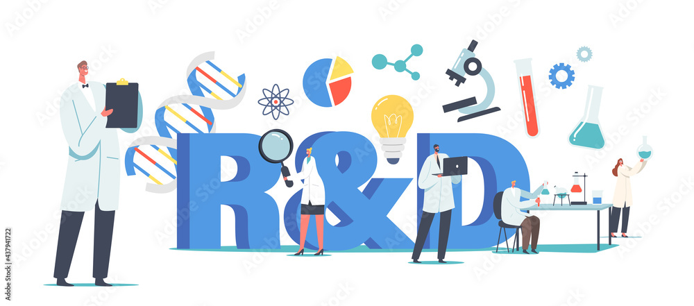 R&D, Laboratory Research and Development Concept. Medicine Genetic Technology Scientists Characters Working with Dna R&D, Laboratory Research and Development Concept. Medicine Genetic Technology Scientists Characters Working with Dna