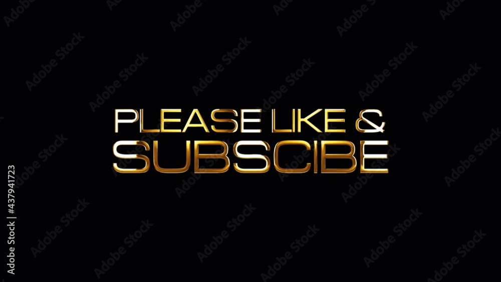 PLEASE LIKE AND SUBSCRIBE golden text loop animation isolated word using QuickTime Alpha Channel ProRes 4444. 4K 3D Illustration Please Like and Subscribe gold word isolate effect element