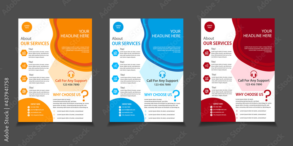 Corporate Business Flyer design. Three colors scheme, editable vector template in A4 size.