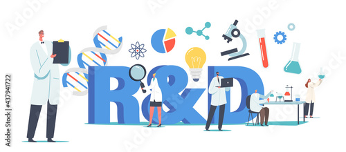 R&D, Laboratory Research and Development Concept. Medicine Genetic Technology Scientists Characters Working with Dna