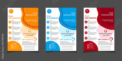 Corporate Business Flyer design. Three colors scheme, editable vector template in A4 size.