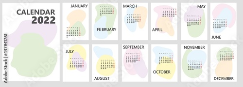 Calendar or planner 2022 trendy hand drawn abstract minimal shapes. Cover and monthly pages starts Monday