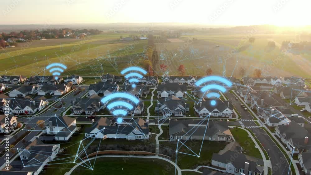 Smart connected work from home technology theme. Remote hybrid employees at houses. Wifi computer internet speeds. Futuristic network concept.