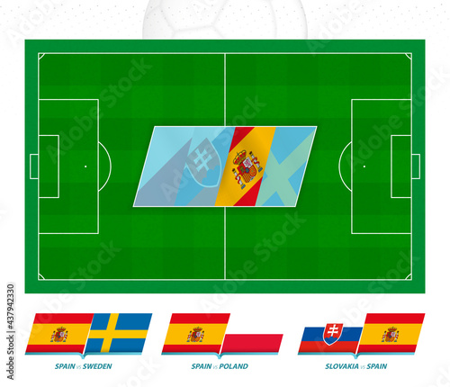 All games of the Spain football team in European competition. Football field and games icon.