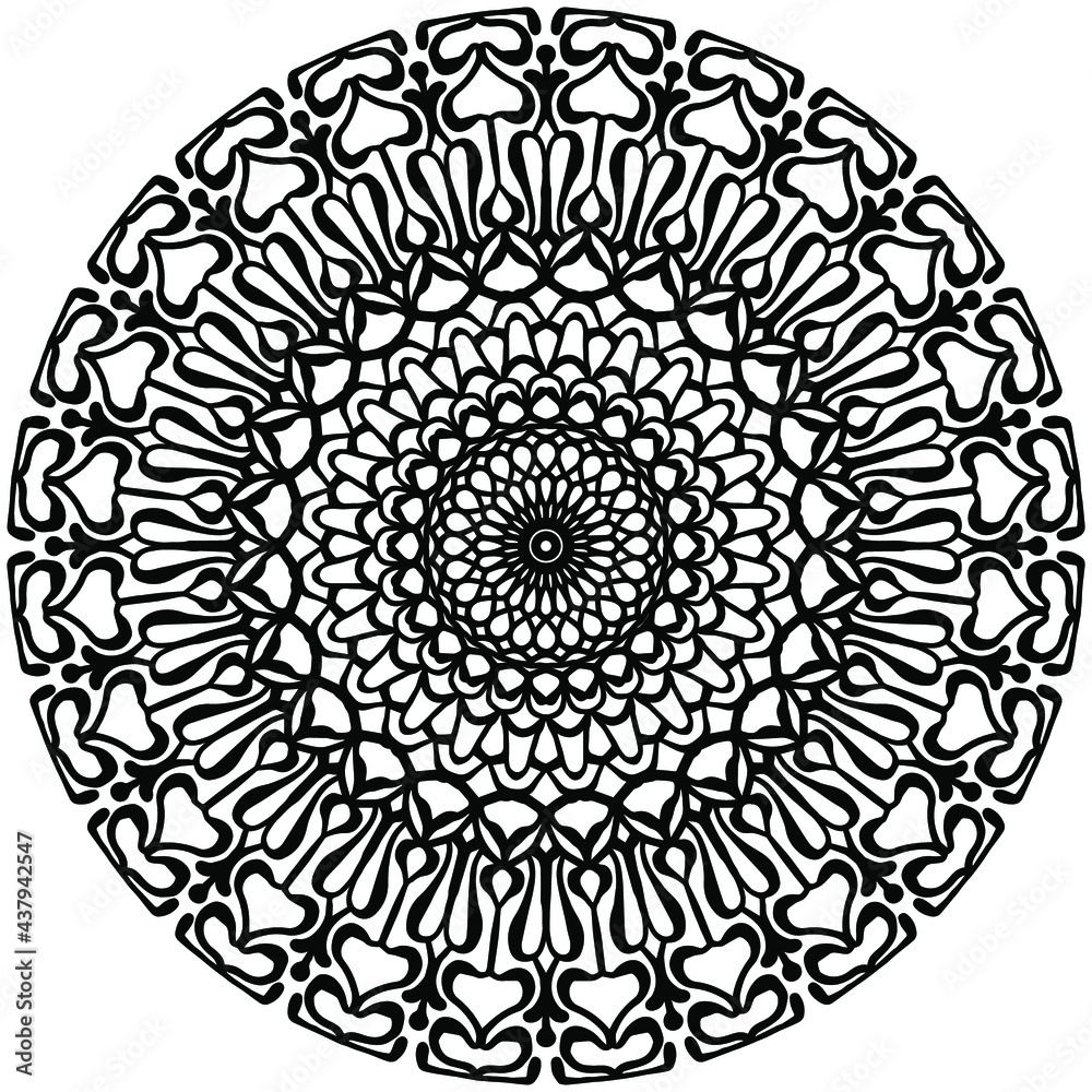 drawn mandala on a white background with floral ornaments, vector