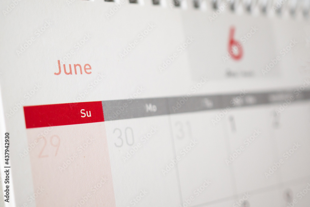June calendar page with months and dates business planning appointment meeting concept June calendar page with months and dates business planning appointment meeting concept