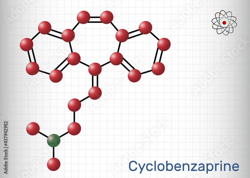 Cyclobenzaprine, molecule. It is centrally-acting muscle relaxant. Structural chemical formula and molecule model. Sheet of paper in a cage