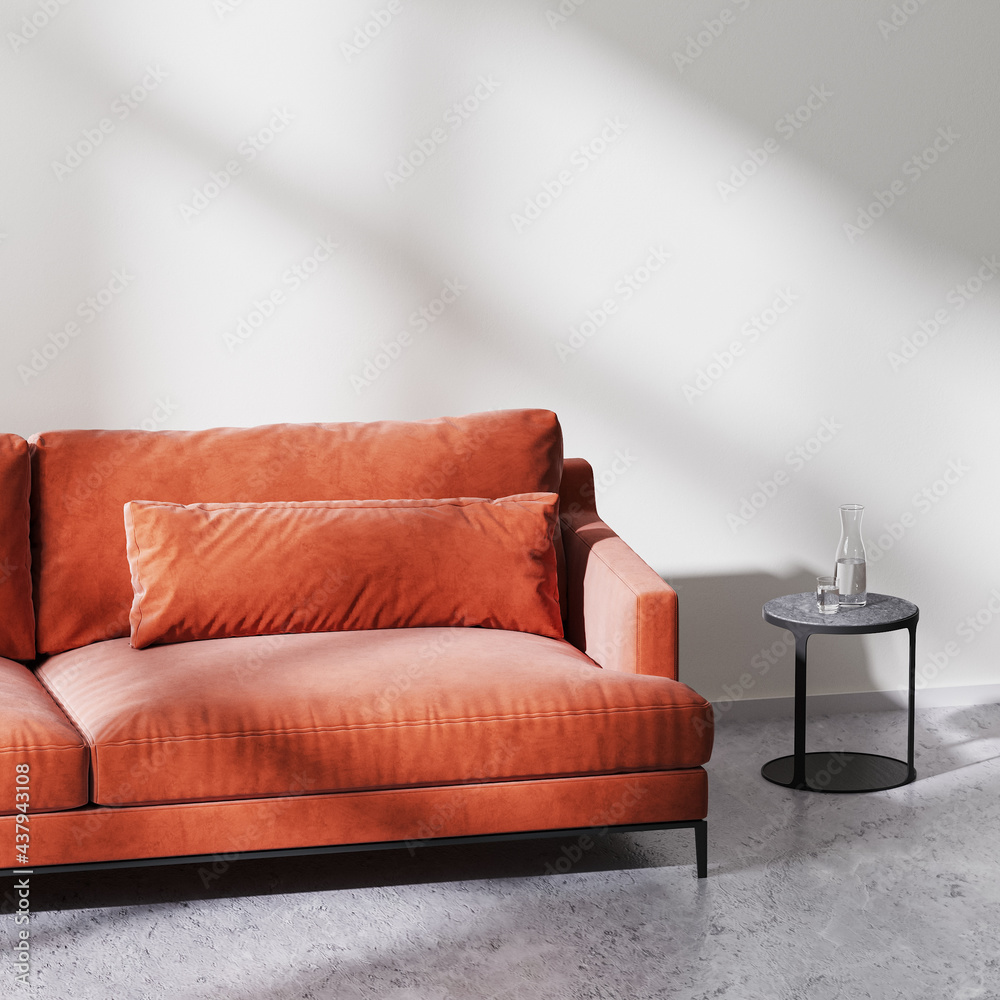 red sofa with black coffee table in empty room with white empty wall