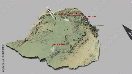 Seamless looping animation of the 3d terrain map of Zimbabwe with the capital and the biggest cites in 4K resolution photo
