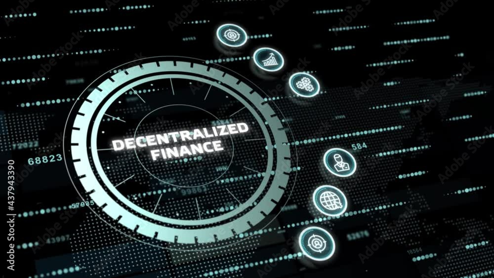 DeFi -Decentralized Finance on dark blue abstract polygonal background. Concept of blockchain, decentralized financial system