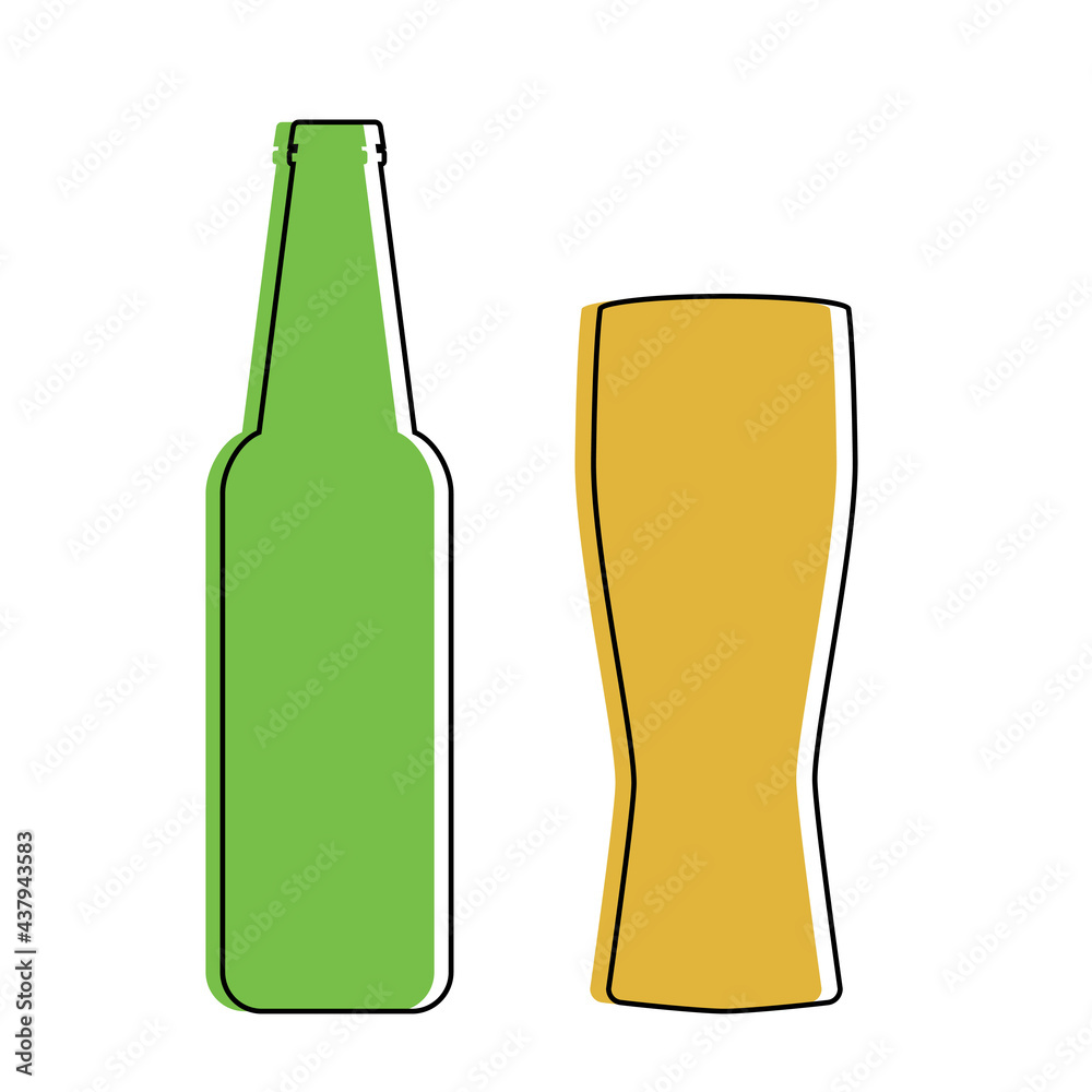 Beer bottle and glass in minimalist style. Beer and pub, bar symbol. Flat design line art. Isolated vector illustration. Beer bottle and glass in minimalist style. Beer and pub, bar symbol. Flat design line art. Isolated vector illustration.