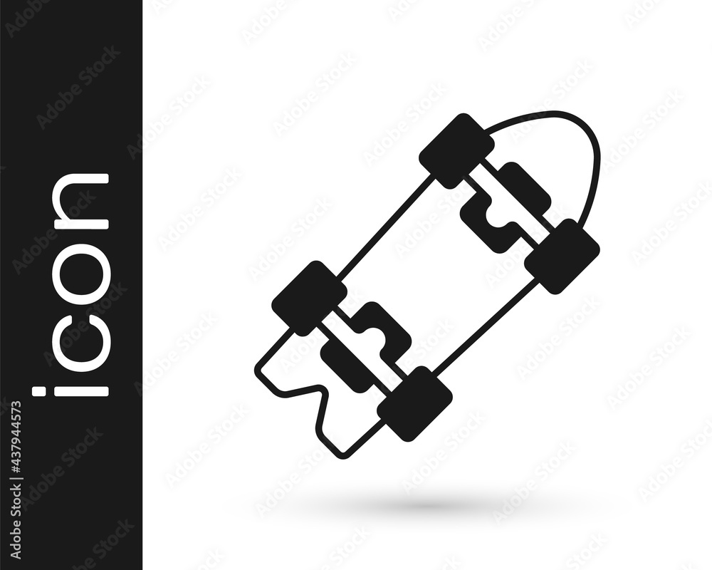 Black Longboard or skateboard cruiser icon isolated on white background. Extreme sport. Sport equipment. Vector Black Longboard or skateboard cruiser icon isolated on white background. Extreme sport. Sport equipment. Vector
