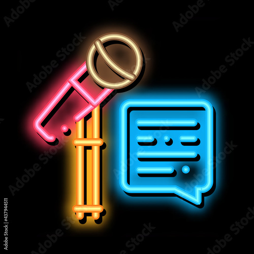 Replica Talking in Microphone neon light sign vector. Glowing bright icon Replica Talking in Microphone Sign. transparent symbol illustration
