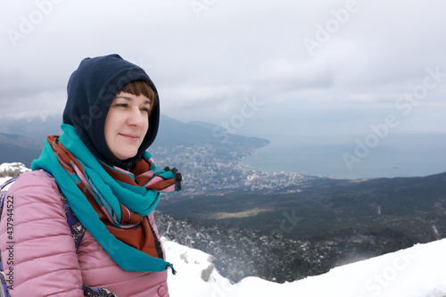 Woman on observation deck of Ai-Petri mountain peak