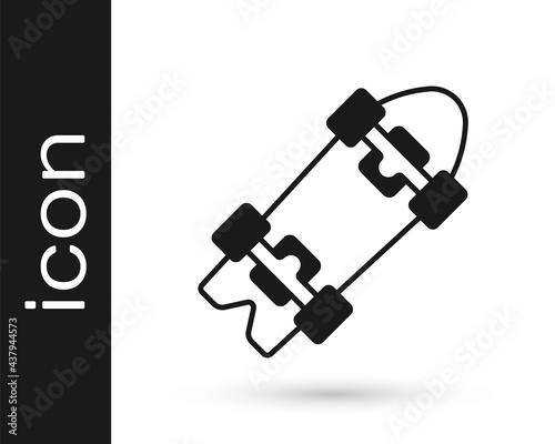 Black Longboard or skateboard cruiser icon isolated on white background. Extreme sport. Sport equipment. Vector