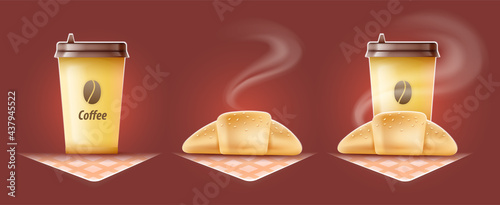 Set of Croissant and coffee cups to takeaway caffe menu. Good morning breakfast with Espresso Coffee in a Cup with hot aromatic steam. Vector illustration.