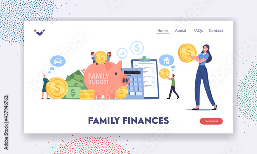 Family Finances, Budget Savings Landing Page Template. Characters Collect Coins into Huge Piggy Bank. People Save Money