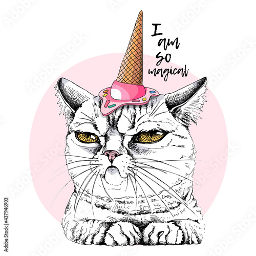 Portrait of the funny Grumpy cat in the pink Ice cream party hat. Humor card, t-shirt composition, hand drawn style print. Vector illustration.