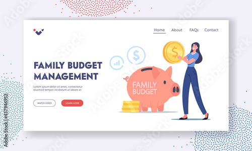 Family Budget Management Landing Page Template. Tiny Female Character Put Coin into Huge Piggy Bank. Woman Collect Money