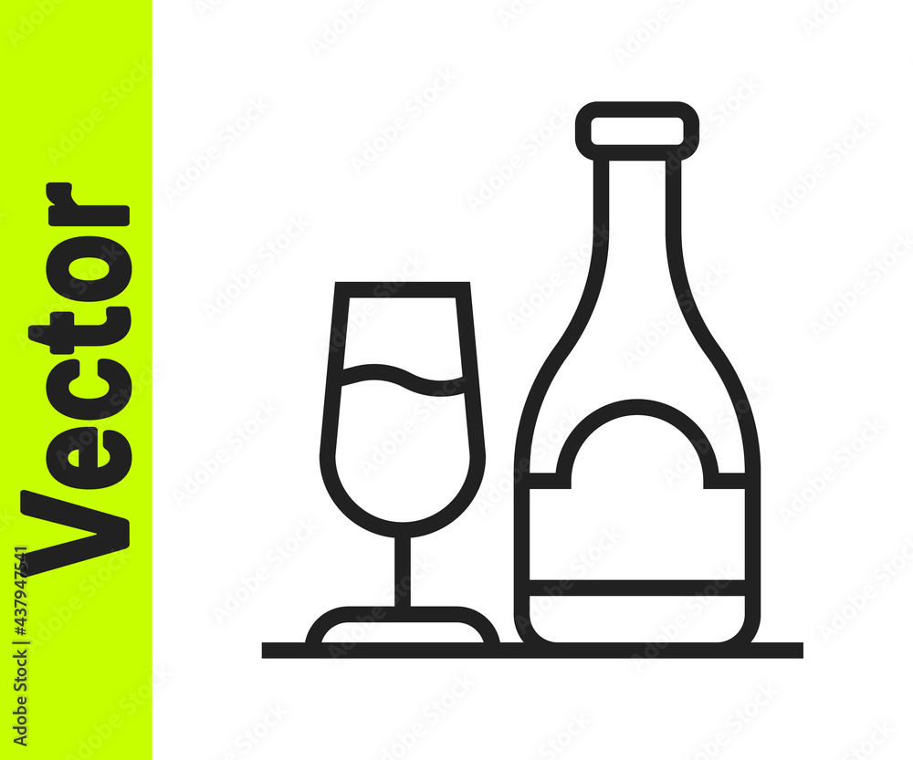 Black line Wine bottle with glass icon isolated on white background. Vector Black line Wine bottle with glass icon isolated on white background. Vector