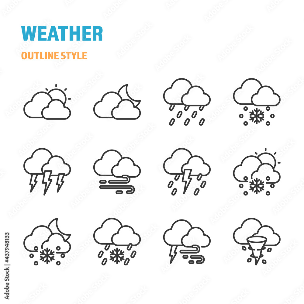 Weather in outline icon and symbol set Weather in outline icon and symbol set