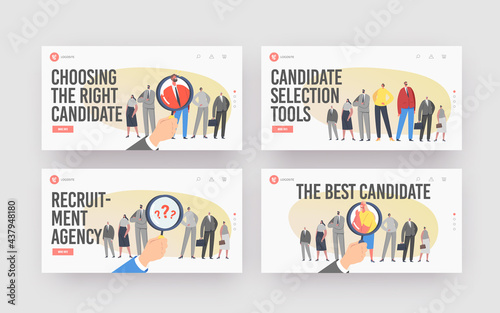 Job Hiring, Business Recruitment Landing Page Template Set. Huge Hand with Magnifier Choose One Businessman Candidate
