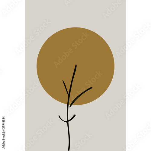 Abstract tree with sun illustration, pure simple nature landscape, Japanese style, card, vector