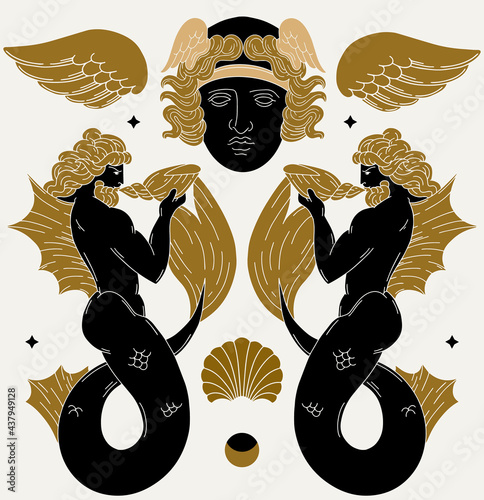 Vector pattern with  hand drawn illustration of triton. Creative artwork with portrait of mermaid with shell. Template for card, poster, banner, print for t-shirt, pin, badge, patch.