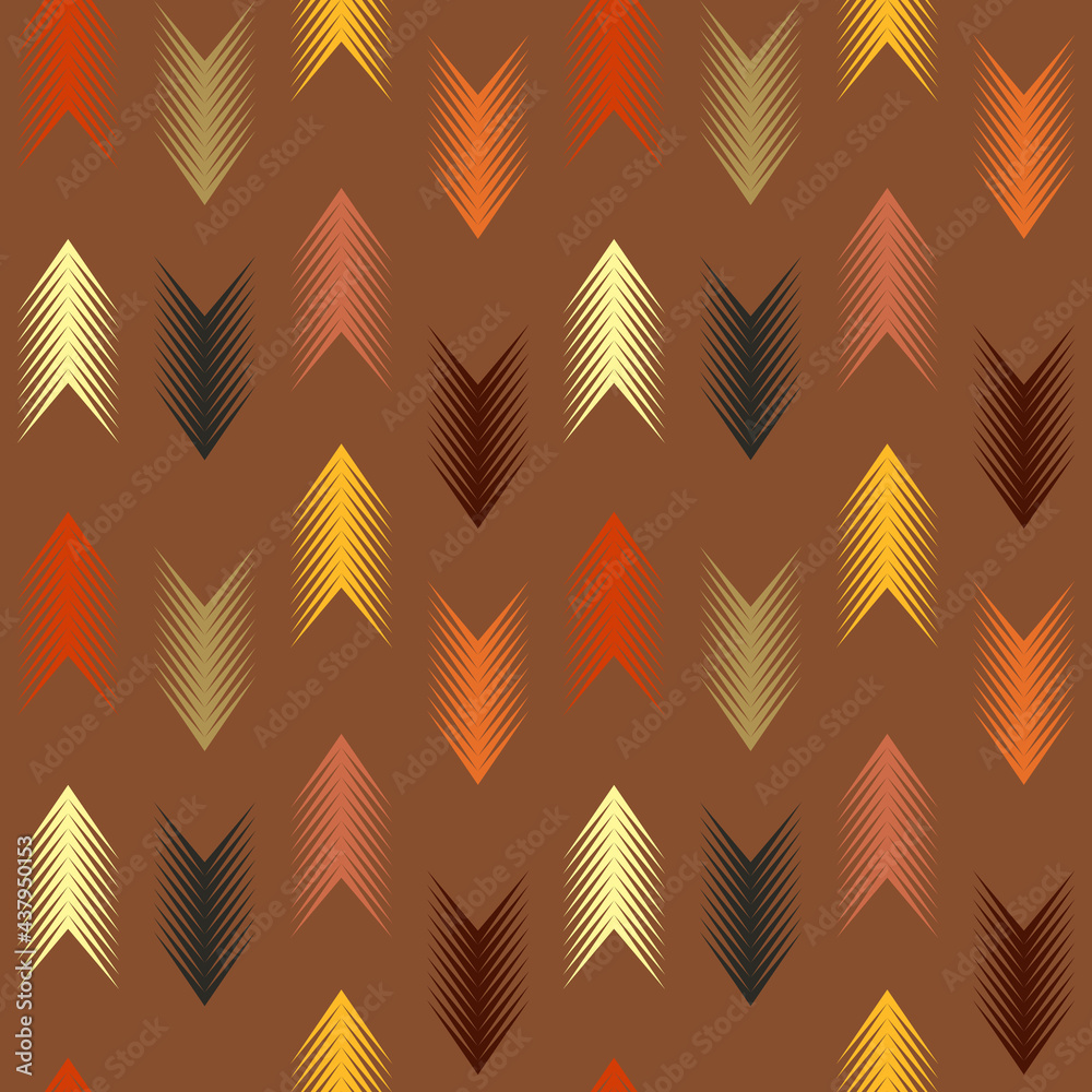 Seamless tribal pattern with colorful arrows decoration on dark brown background - obrazy, fototapety, plakaty 