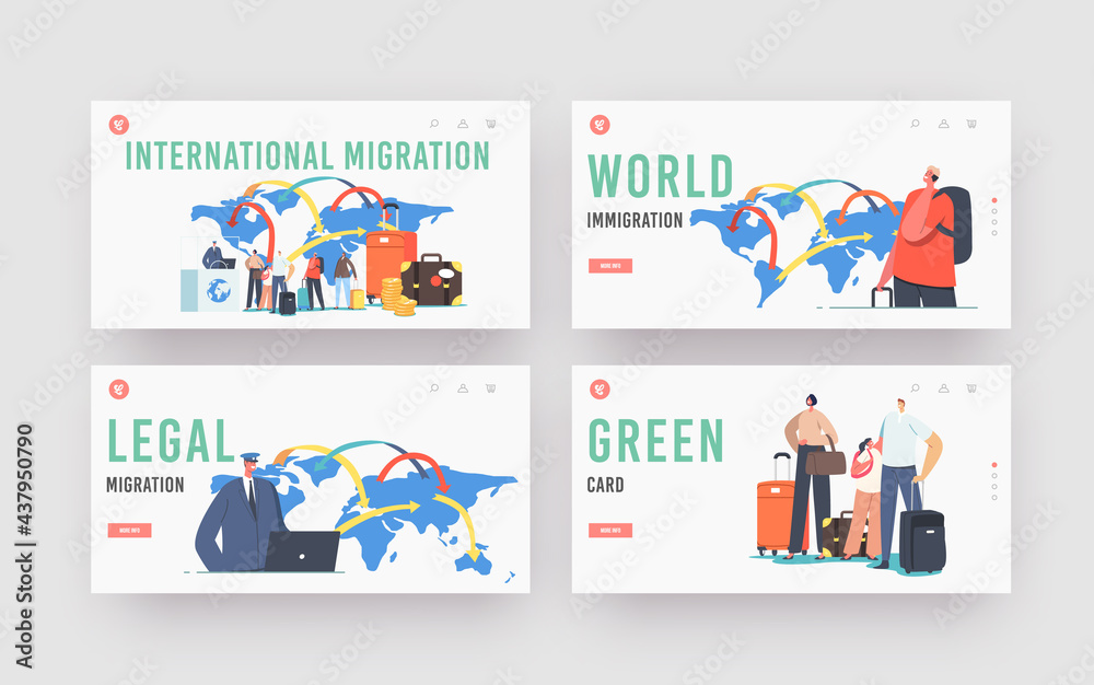 International Migration Landing Page Template Set. Characters Legal World Immigration. Tourists Leaving Country