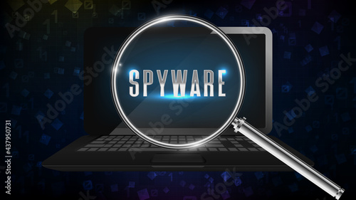 abstract background of notebook computer laptop find spyware software with magnifying glass photo