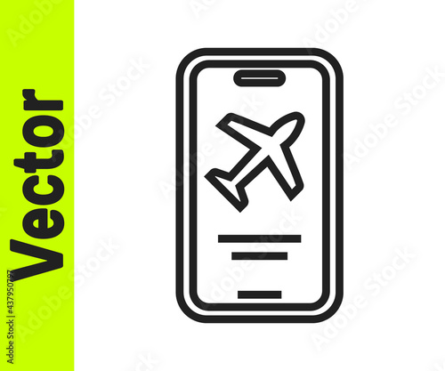 Black line Smartphone with electronic boarding pass airline ticket icon isolated on white background. Passenger plane mobile ticket for web and app. Vector