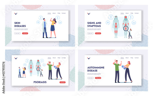 Psoriasis Landing Page Template Set. Tiny Doctor Character Show Affected Areas on Human Body. Autoimmune Skin Disease