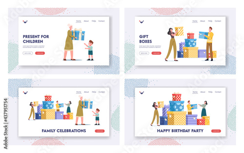 Family Celebration Landing Page Template Set. People Give Holiday Presents. Granny Presenting Gift to Child on Birthday