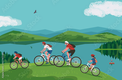 Family summer outdoors active lifestyle vector. Happy family on bikes cycling cartoon illustration. Active parents and kids on bicycles. Sport and fun together in countryside vacation background